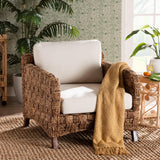 bali & pari Vevina Modern Bohemian Dark Brown Mahogany Wood and Woven Seagrass Arm Chair