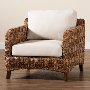 Baxton Studio bali Vevina Modern Bohemian Arm Chair - Dark Brown Mahogany & Woven Seagrass, Fully Assembled Comfort DCWH 10016-Natural/White Cushions-CC