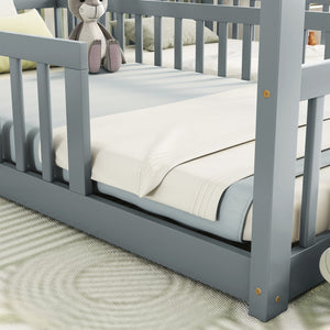 English Elm Double Twin House-Style Floor Bed with Fence Guardrails for Kids, Pine & Plywood Durable Design Grey W504P308458