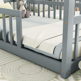 Hearth and Haven Double Twin House-Style Floor Bed with Fence, Guardrails, Without Door W504P143316