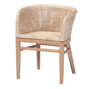 bali & pari Papua Modern Bohemian Antique White Washed Rattan and Mahogany Wood Dining Chair