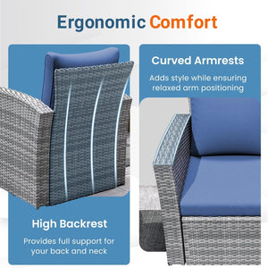 English Elm 4-piece Outdoor Wicker Conversation Set with Tempered Glass Table and Resort Style Blue+Brown B082S00057