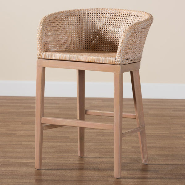 Baxton Studio bali Papua Counter Stool - Handcrafted Antique White Rattan & Mahogany for Bohemian Style Decor Papua-Wood/Antil White Wash-CS