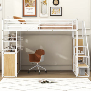English Elm Full Size Metal Loft Bed with Desk, Storage Staircase, Wardrobe & Shelves — Space-Saving White GX002219AAK