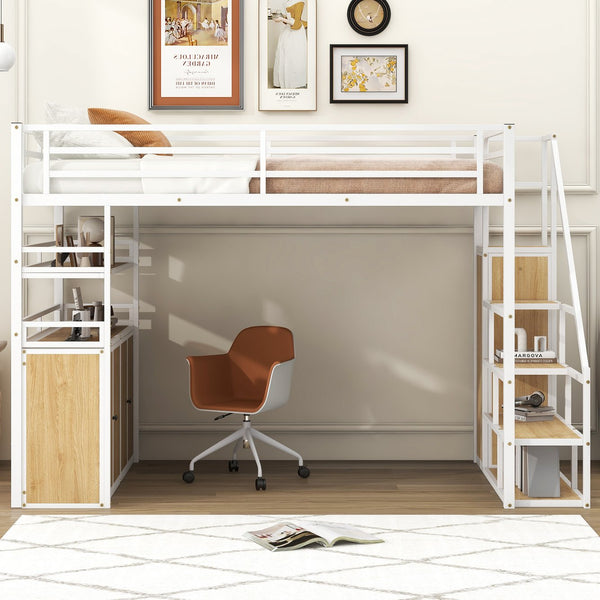 English Elm Full Size Metal Loft Bed with Desk, Storage Staircase, Wardrobe & Shelves — Space-Saving White GX002219AAK