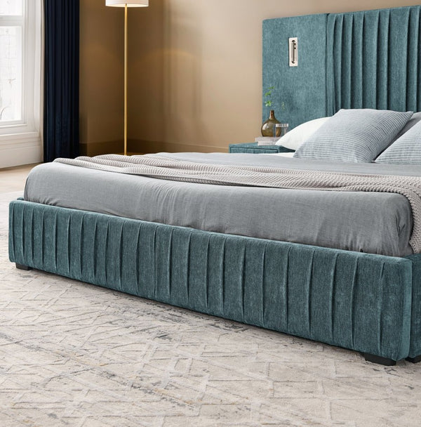 English Elm 2628q-bu-gen-3 Hand-pleated Upholstered Bed with Integrated Nightstands and Reading Lamps W487P358835