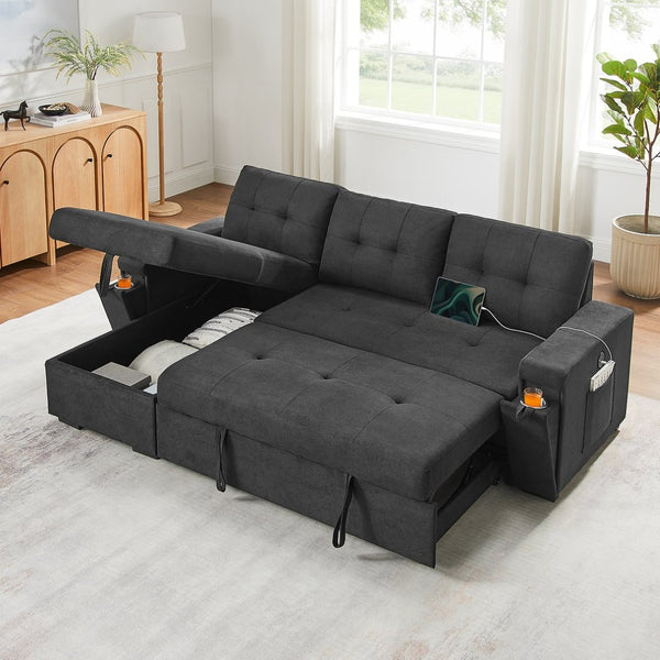 English Elm Toby Woven Fabric Sleeper Sectional with Storage Chaise Usb Ports and Coil Support Black B061S00955