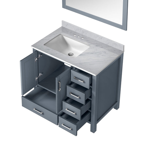 English Elm Dark Grey Bath Vanity 36 in. W x 22 in. D with Left Offset Carrara Marble Top, Soft-Close Drawers, Mirror Included B2731S00683
