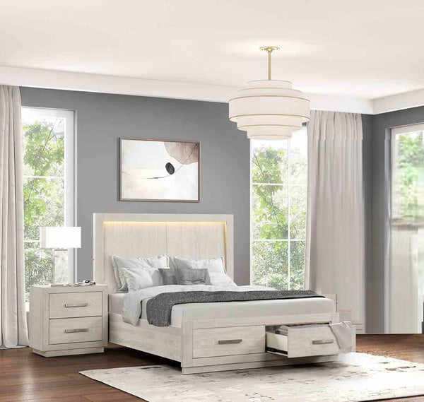 English Elm King Platform Bed Set with Led Headboard Oak Veneer Storage and Two Nightstands B2741S00863