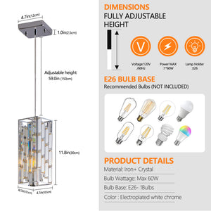 English Elm 4" Modern Crystal Pendant Light 3-Pack – Adjustable Hardwired Hanging Fixture with Prism Shades for Dining, Kitchen, Living Room Chrome W2312P389946