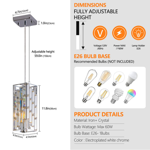 English Elm 4" Modern Crystal Pendant Light 3-Pack – Adjustable Hardwired Hanging Fixture with Prism Shades for Dining, Kitchen, Living Room Chrome W2312P389946