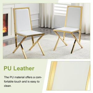 English Elm Table and 8 Chair Dining Set Tempered Glass Top with Gold Metal Framed Pu Seating Transparent,White+Gold W1151S04775
