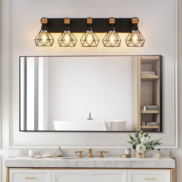 English Elm 31" Modern Geometric 5-Light Vanity Fixture With Black Metal & Wood Accents For Stylish Spaces W2312P374932