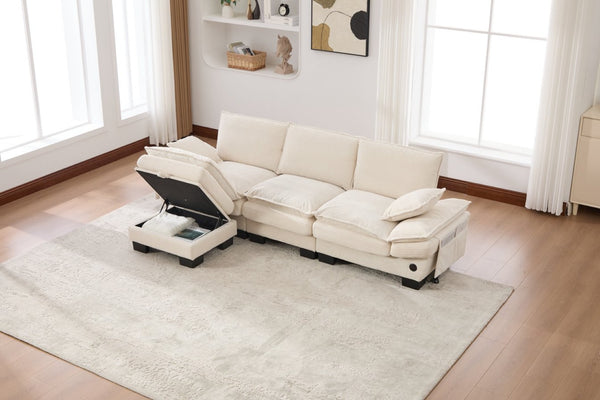 English Elm Sectional Cloud Sofa Modular Deep Seat Corduroy Upholstered Living Room Couch with Storage Beige W395S00129
