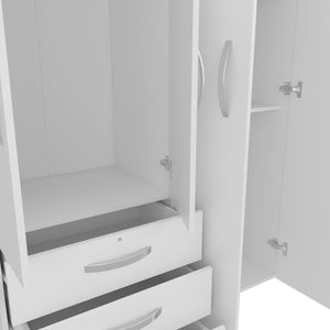 English Elm Hamilton Mobile Armoire with 4 Doors, 3 Drawers, Dual Hanging Rods and Multiple Shelves for Organized Storage and Durable Engineered Wood Finish White 70.47 L x 23.23 W x 4.33 H B097S00230
