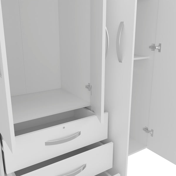 English Elm Hamilton Mobile Armoire with 4 Doors, 3 Drawers, Dual Hanging Rods and Multiple Shelves for Organized Storage and Durable Engineered Wood Finish White 70.47 L x 23.23 W x 4.33 H B097S00230