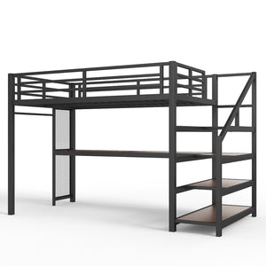 English Elm Twin Xl Metal Loft Bed with Stair Storage Shelves Sturdy Steel Frame for Dorms W1580S00481