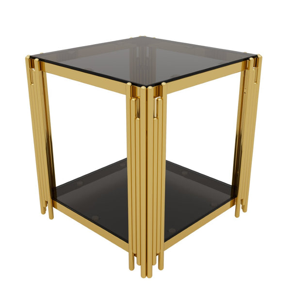 English Elm Modern Round Mirrored Glass End Table with Gold Metal Frame and Lower Display Shelf Black N735P380093B