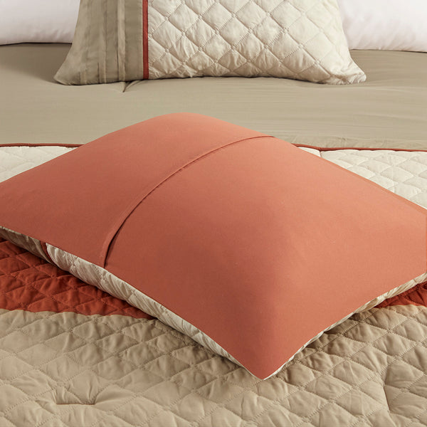 JLA Home Madison Park - 7 Piece Color Block Stripe Comforter Set with Embroidered Pillows, Hypoallergenic Microfiber, OEKO-TEX Care Spice MP10-8326