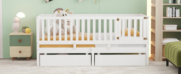English Elm Twin Pinewood Daybed with Fence Guardrails Splits Into Two Floor Beds Storage White LP100881AAK
