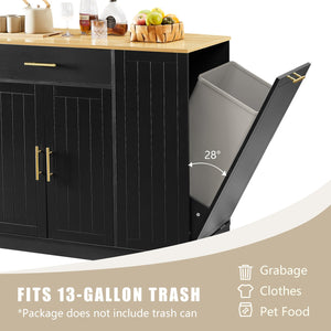 English Elm 53 Kitchen Island 53.2" x 20.9" Black & Oak Breakfast Bar with Trash Can Storage, Drawer, Shelves W1820S00008