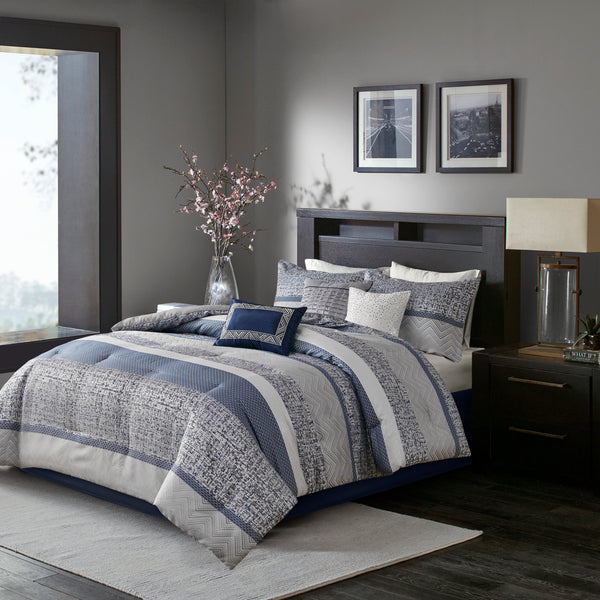 English Elm 7 Piece Jacquard Comforter Set Navy Cal King – Madison Park Rhapsody Stripe Jacquard, Embroidered Pillows B03597214