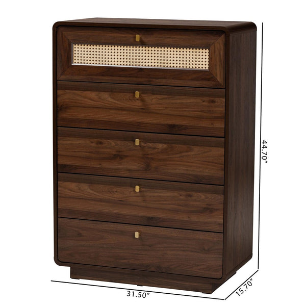 Baxton Studio Baxton Studio Jenibelle 5-Drawer Chest: Classic Walnut Wood with Rattan Design for Timeless Charm LV38 COD3823WI-Columbia-Rattan-5DW-Chest