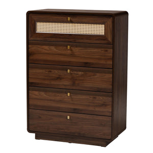 Baxton Studio Jenibelle Classic Walnut Brown Wood 5-Drawer Chest with Rattan Drawer