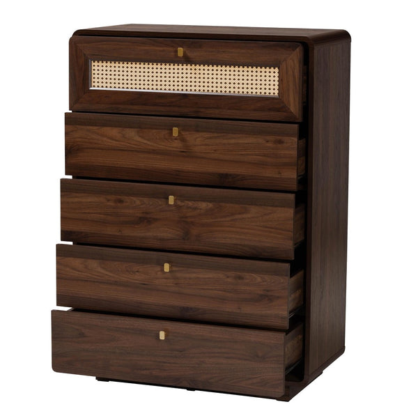 Baxton Studio Baxton Studio Jenibelle 5-Drawer Chest: Classic Walnut Wood with Rattan Design for Timeless Charm LV38 COD3823WI-Columbia-Rattan-5DW-Chest