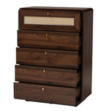 Baxton Studio Jenibelle Classic Walnut Brown Wood 5-Drawer Chest with Rattan Drawer