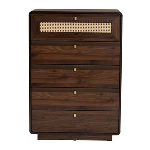 Baxton Studio Baxton Studio Jenibelle 5-Drawer Chest: Classic Walnut Wood with Rattan Design for Timeless Charm LV38 COD3823WI-Columbia-Rattan-5DW-Chest