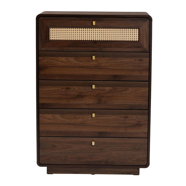Baxton Studio Baxton Studio Jenibelle 5-Drawer Chest: Classic Walnut Wood with Rattan Design for Timeless Charm LV38 COD3823WI-Columbia-Rattan-5DW-Chest