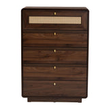 Baxton Studio Jenibelle Classic Walnut Brown Wood 5-Drawer Chest with Rattan Drawer