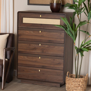 Baxton Studio Baxton Studio Jenibelle 5-Drawer Chest: Classic Walnut Wood with Rattan Design for Timeless Charm LV38 COD3823WI-Columbia-Rattan-5DW-Chest