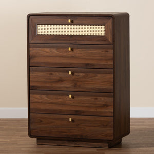Baxton Studio Baxton Studio Jenibelle 5-Drawer Chest: Classic Walnut Wood with Rattan Design for Timeless Charm LV38 COD3823WI-Columbia-Rattan-5DW-Chest