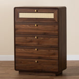 Baxton Studio Jenibelle Classic Walnut Brown Wood 5-Drawer Chest with Rattan Drawer