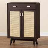 Baxton Studio Giancarlo Mid-Century Modern Espresso Brown Wood 2-Door Shoe Cabinet with Rattan Door