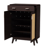 Baxton Studio Giancarlo Mid-Century Modern Espresso Brown Wood 2-Door Shoe Cabinet with Rattan Door