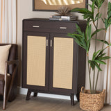 Baxton Studio Giancarlo Mid-Century Modern Espresso Brown Wood 2-Door Shoe Cabinet with Rattan Door