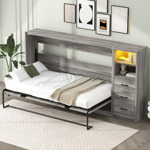 English Elm Twin Murphy Bed with Drawers & LED Light — Space-Saving Gray Cabinet Bed, Solid MDF/Pine, 800lb Capacity N709P002049D