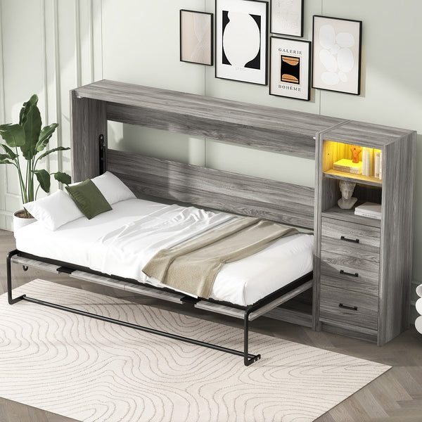 English Elm Twin Murphy Bed with Drawers & LED Light — Space-Saving Gray Cabinet Bed, Solid MDF/Pine, 800lb Capacity N709P002049D
