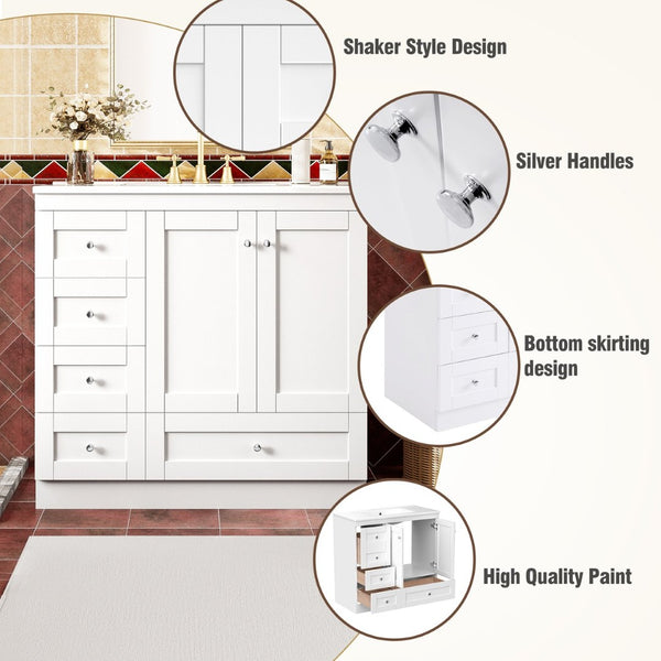 English Elm 36 Inch Shaker Bathroom Vanity with Ceramic Sink Four Soft Close Drawers White Mdf N729P414619K