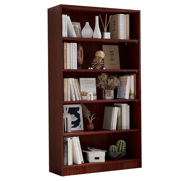 English Elm Bookshelf Mahogany 5-Tier 60" Modern Wood Bookcase — Sturdy 105lb Shelves, Tip-Over Safe Design T3623P379660