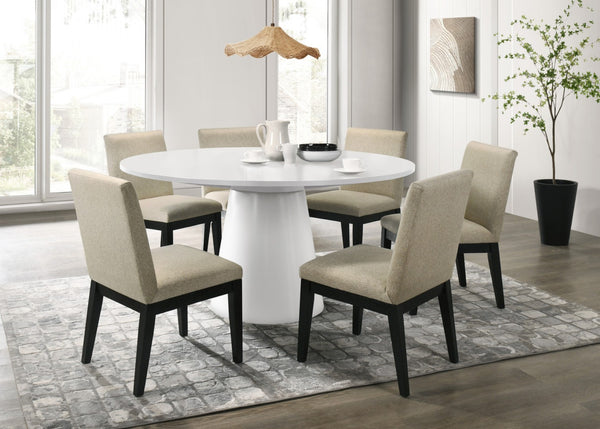English Elm Jacopo Round Pedestal Dining Set Seats Six with Natural Wood Grain and Black Chairs B2749S00291