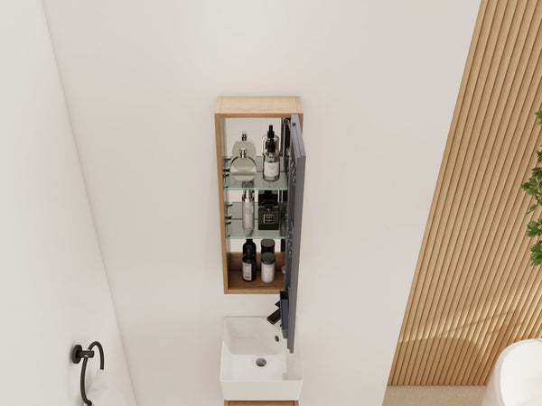 English Elm 10'' Wall Mounted Medicine Cabinet with Adjustable Glass Shelves and Jewelry Organizer W999P470283