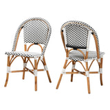 Quincy Modern French Black and White Weaving and Natural Brown Rattan 2-Piece Bistro Chair Set