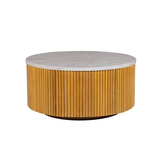 English Elm Faux Round Marble Coffee Table with Hidden Storage, 35.5" Top, Natural Base, 100 lb Capacity B035P262683