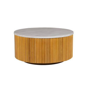 English Elm Faux Round Marble Coffee Table with Hidden Storage, 35.5" Top, Natural Base, 100 lb Capacity B035P262683