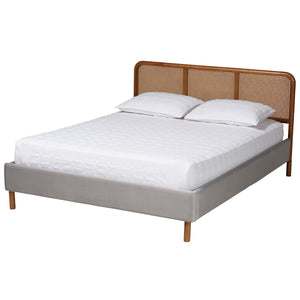 Baxton Studio Rosita Mid-Century Modern Transitional Light Grey Velvet Fabric and Walnut Brown Finished Wood Queen Size Platform Bed