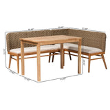 bali & pari Denver Modern Bohemian Natural Seagrass and Acacia Wood 3-Piece Dining Nook Set